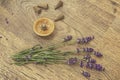 Cones incense and lavender flowers on a wooden table Royalty Free Stock Photo