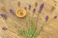 Cones incense and lavender flowers on a wooden table Royalty Free Stock Photo