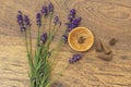 Cones incense and violet lavender flowers on a wooden table Royalty Free Stock Photo