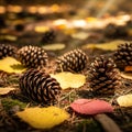 Cones scattered on a forest floor, surrounded by fallen yellow and red Royalty Free Stock Photo