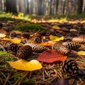 Cones scattered on a forest floor, surrounded by fallen yellow and red Royalty Free Stock Photo