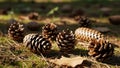 Cones scattered on mossy ground in a forest setting surrounded by pine Royalty Free Stock Photo