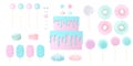 Confection candy sweet set. blue and pink marshmellows, lollipop, donuts, icing, different toppings Royalty Free Stock Photo