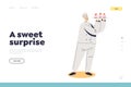 Confectionary order service landing page with male confectioner holding tray with cupcakes