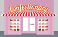 Confectionary. Storefront with cakes. Pieces of cake on a plate.