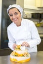 Confectioner, baker or pastry cook preparing cake