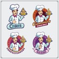 Confectioner with cake. Labels, emblems and logos. Cartoon illustration.