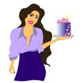 confectioner chef girl holds her cake in her hands. brunette in shirt shows birthday cake. Blue cake. Blogger about food. No to