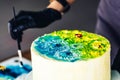 Confectioner decorate cake with colorful cream. handmade cake with pattern