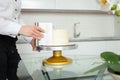 confectioner evens out cake, covers with white chocolate. Home production Royalty Free Stock Photo