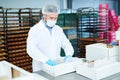 Confectioner at factory putting parchment into empty package Royalty Free Stock Photo