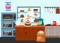 Confectioner girl cook preparing chocolate cake with cherry. Sweet shop cartoon composition with smiling confectioner Royalty Free Stock Photo