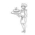 Confectioner girl with the wedding cake hand drawn outline character