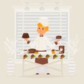 Confectioner work with chocolate vector illustration. Man character cook in apron offer sweet dessert in candy store