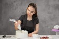 Confectioner at work. Cream cake decorating. Cook table preparing a cake. Royalty Free Stock Photo
