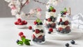 Confectionery banner. Sweet summer berry dessert. Trifle with cream cheese, raspberry and blueberry served in jars on white Royalty Free Stock Photo