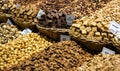 Confectionery at Boqueria market place in Barcelona, Spain. Assorted chocolate candy shop. Royalty Free Stock Photo