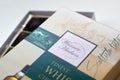 Confectionery box of Warner Hudson finest whisky chocolates flavoured with teachers blended scotch whisky. Beige and green pack of