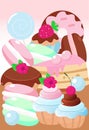 Confectionery cake, donut, muffin, lollipop, macaron. Vertical illustration of sweets in cartoon style.