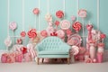 Confectionery Cozy Retreat: Experience a cozy escape in Candycore style, where a sofa is adorned with an array of