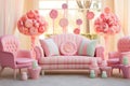 Confectionery Cozy Retreat: Experience a cozy escape in Candycore style, where a sofa is adorned with an array of