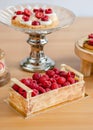 Confectionery with cream and berries. Baking baskets with fresh berries