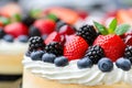 Confectionery: creamy berry cakes close up