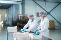 Confectionery factory employees packing pastry into boxes