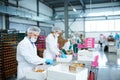 Confectionery factory employees putting pastry into boxes Royalty Free Stock Photo