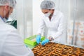 Confectionery factory employees packing ready pastry