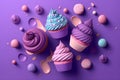 Confectionery. Illustration of cute capcakes on purple background. Generative AI Royalty Free Stock Photo