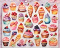 Confectionery pastry shop menu design background with assorted collection of tasty sweets stickers, pastel watercolor arrangement