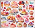 Confectionery pastry shop menu design background with assorted collection of tasty sweets stickers, pastel watercolor arrangement