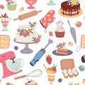Confectionery seamless pattern. Cartoon desserts and sweet products, kitchen tools, creamy muffins, tasty cakes and pastries. Royalty Free Stock Photo