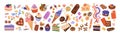 Confectionery set. Cute desserts: candies, icecream, cookies. Sweet lollipops, slices of cake, chocolate, marshmallow