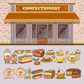 Confectionery shop and set of cute various desserts icons.