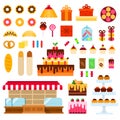 Confectionery shop vector flat illustration. Set with donuts, cake, macaroon, cupcakes, bread, candy for website shop Royalty Free Stock Photo