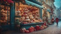 Confectionery store with a variety of desserts on the street with Christmas decorations