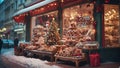 Confectionery store with a variety of desserts on the street with Christmas decorations