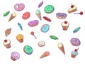 Confectionery sweets candy cupcake donut cake ice cream. birthday background