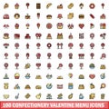 100 confectionery valentine menu icons set, color line style Royalty Free Stock Photo