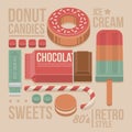 Confectionery Vintage Cover - Donut, Chocolate Bar, Lollipop, Cookies, Sweet Candies, Chewing Gum and Ice-cream.