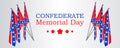 Confederate Memorial Day vector banner or website header layout with realistic Confederate flags on gray background