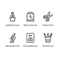 Conference, Alarm clock, Scissors, Microscope, Exam grade, Pen box, icon Royalty Free Stock Photo