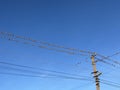 Conference. A flock of birds sits on power lines near an electric pole. Royalty Free Stock Photo