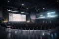 Conference hall interior with empty seats and projector screen 3D rendering, A modern training hall with chairs facing a giant Royalty Free Stock Photo