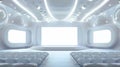 Conference hall stage in the middle 3 big screens futuristic white bubble squared design classic lighting AI Generated