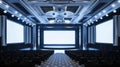Conference hall stage in the middle 3 big screens futuristic white bubble squared design classic lighting AI Generated