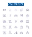 Conference line icons signs set. Design collection of Conclave, Forum, Summit, Dialogue, Symposium, Assembly, Rally Royalty Free Stock Photo