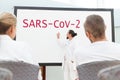 Conference or meeting with brainstorming of a group of hospital staff or scientists, concept corona virus or covid-19, sars-cov-2